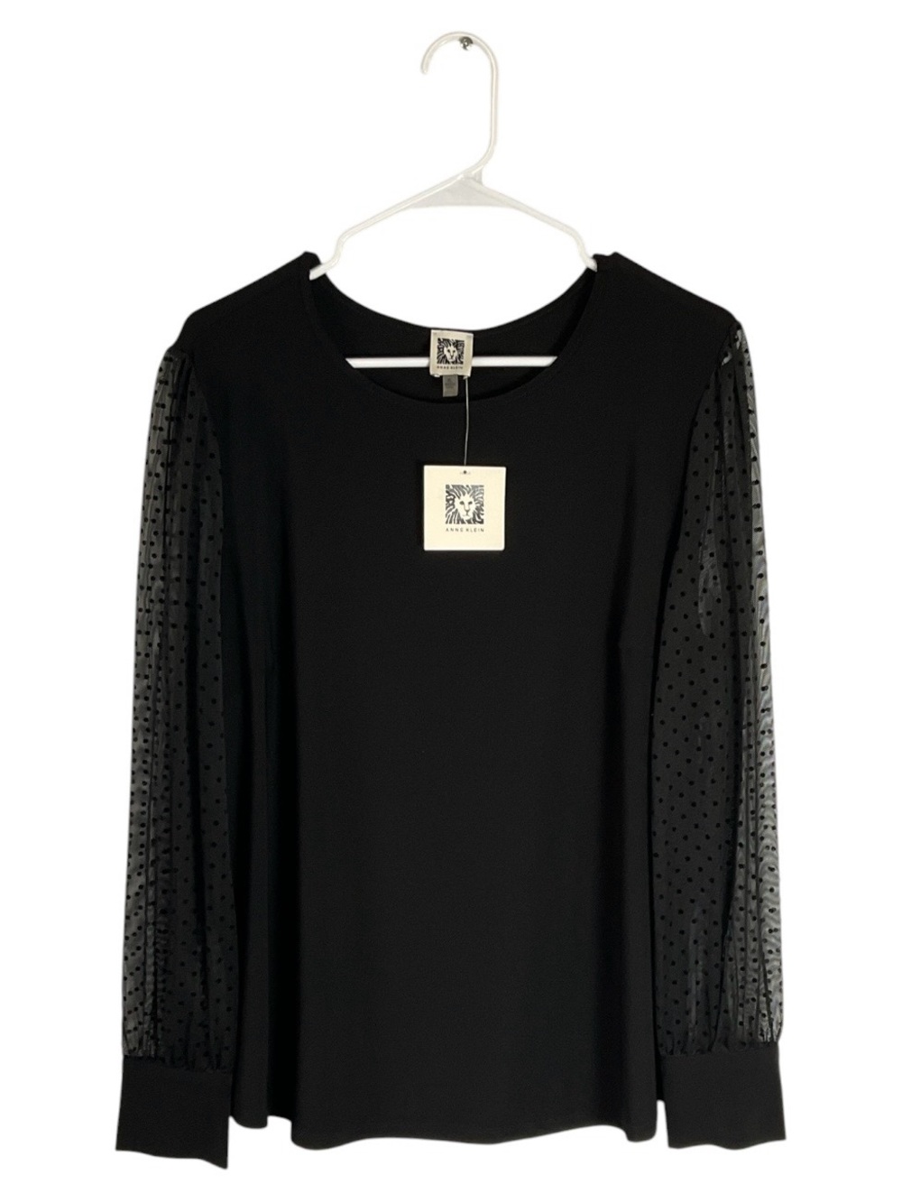 NWT Anne Klein Black Sheer Swiss Dot Puff Long Sleeve Blouse Top XL
